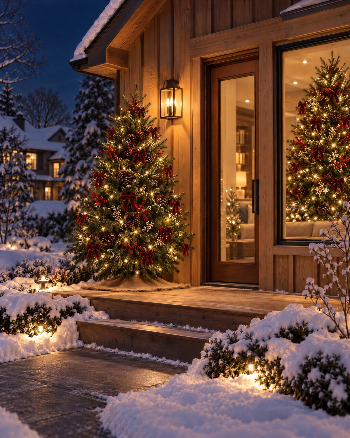 A decorated porch tree at dusk
