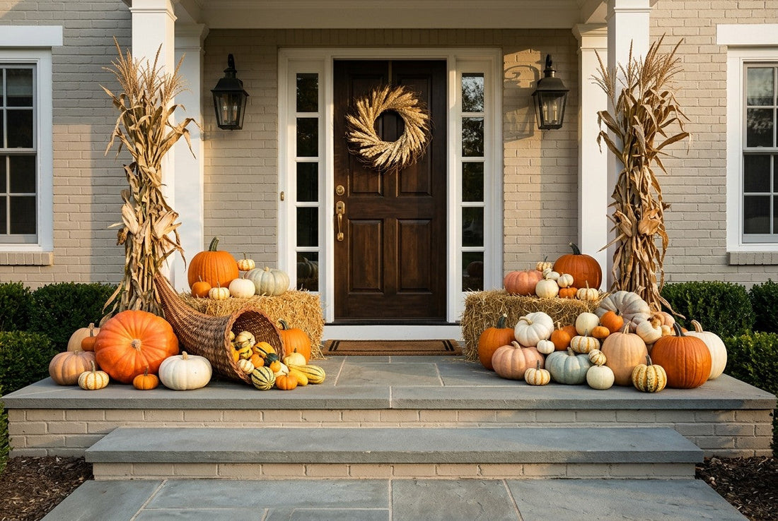 A fall porch display with a wheat wreath on the door and a cornucopia spilling gourds into the pumpkin grouping