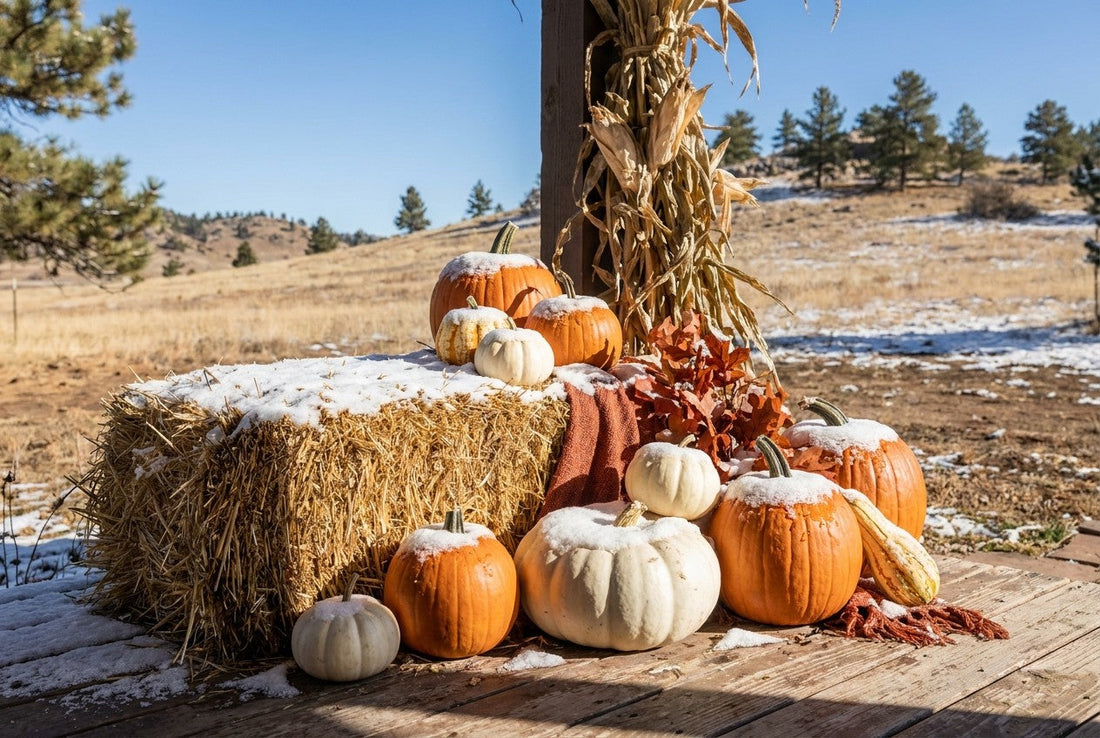 A fall porch display under a light dusting of snow in Front Range light