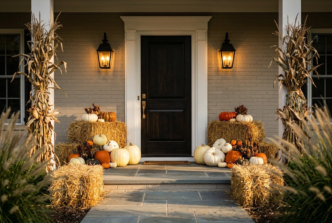 A fall display framing a front door, material tapering outward from the entrance