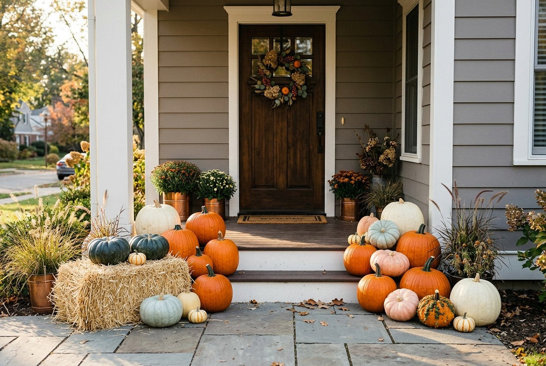 A fall porch display mixing white, heirloom, and orange pumpkins in a cohesive palette