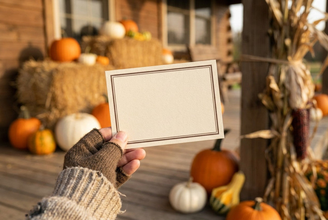 A printed Gourdgeous Porches gift card held in front of a finished fall porch display