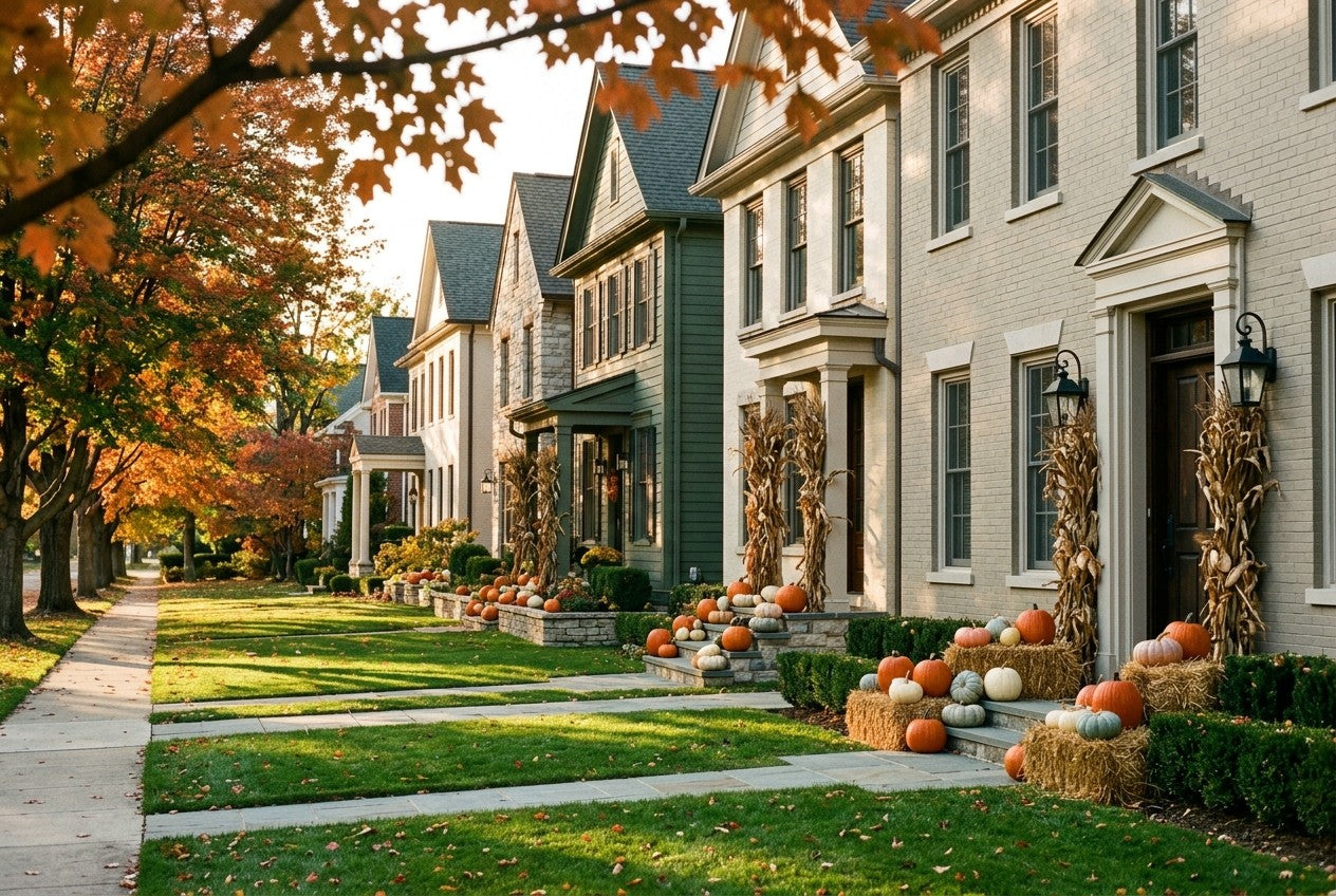 Several neighboring homes on one street with coordinated fall porch displays