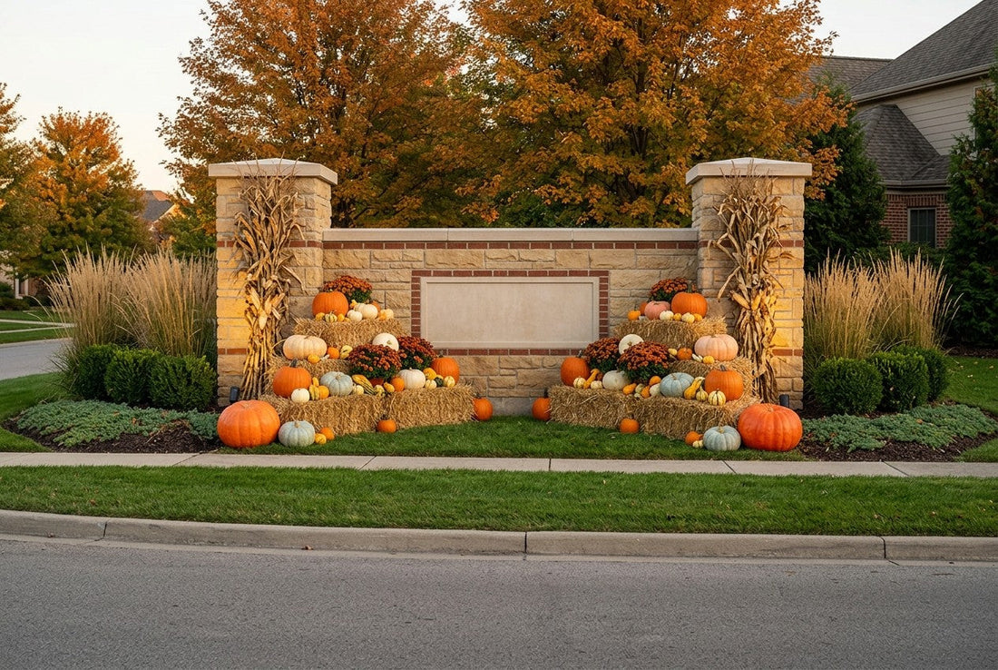 A community entrance monument styled with a fall display at the base