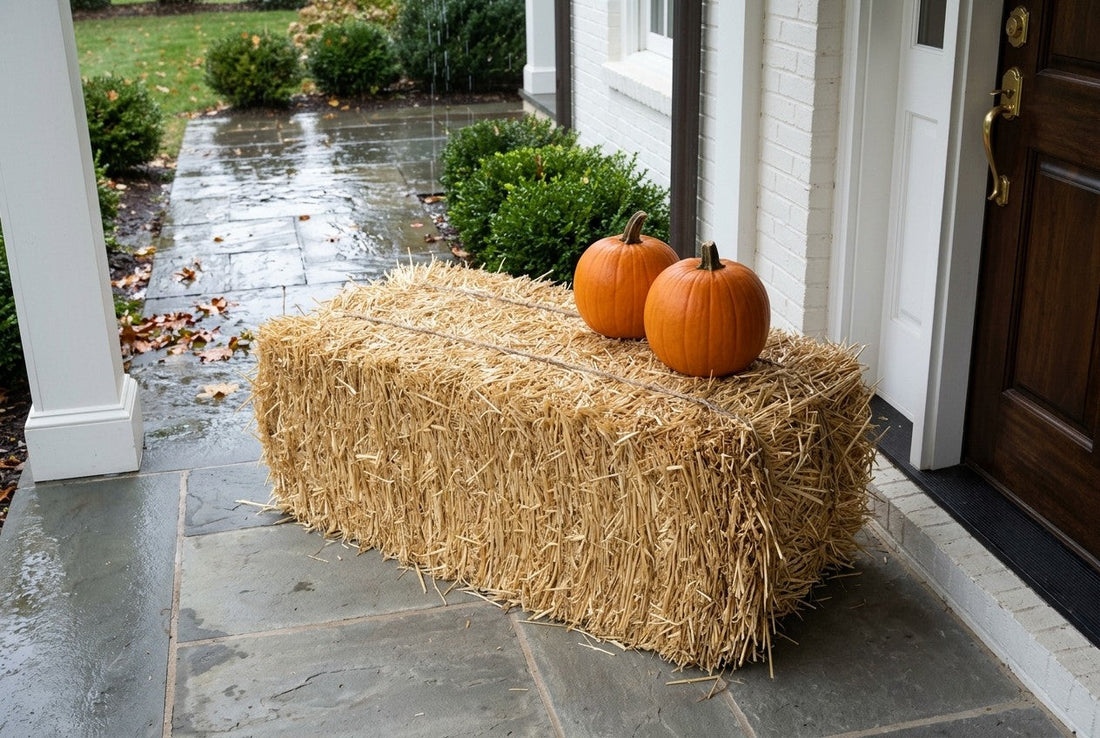 A dry, tightly bound straw bale holding its shape on a covered porch