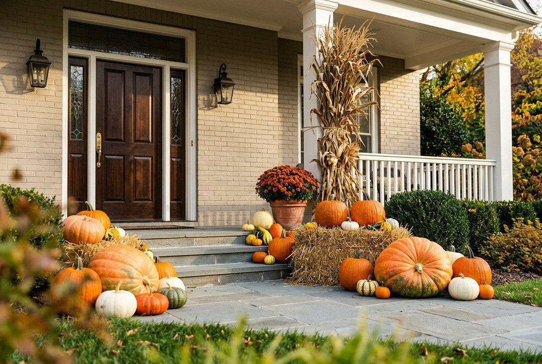 A fall porch display built in three distinct levels from ground to door