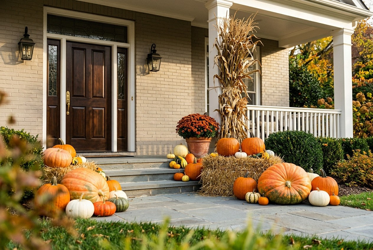 A fall porch display built in three distinct levels from ground to door