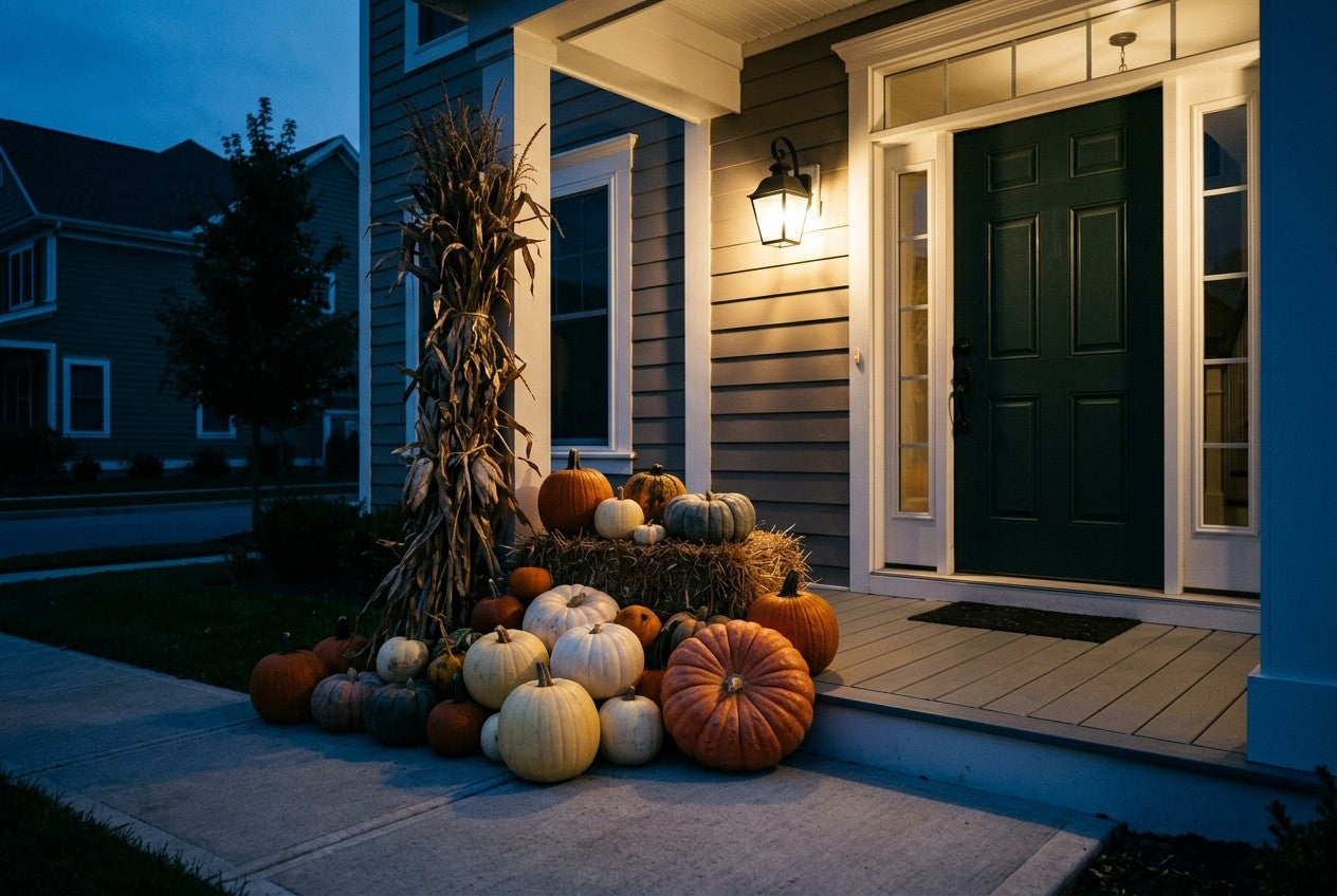 A fall porch display lit warmly after dark