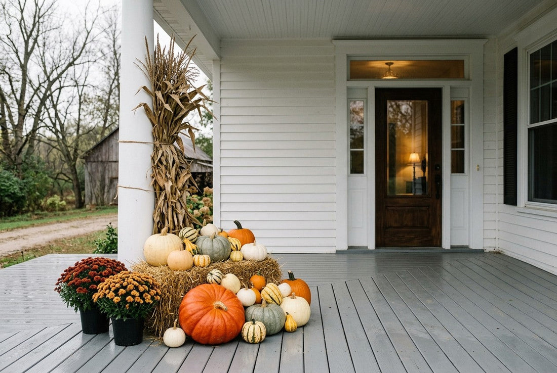 A fall porch display on a Midwestern home on an overcast, humid October day
