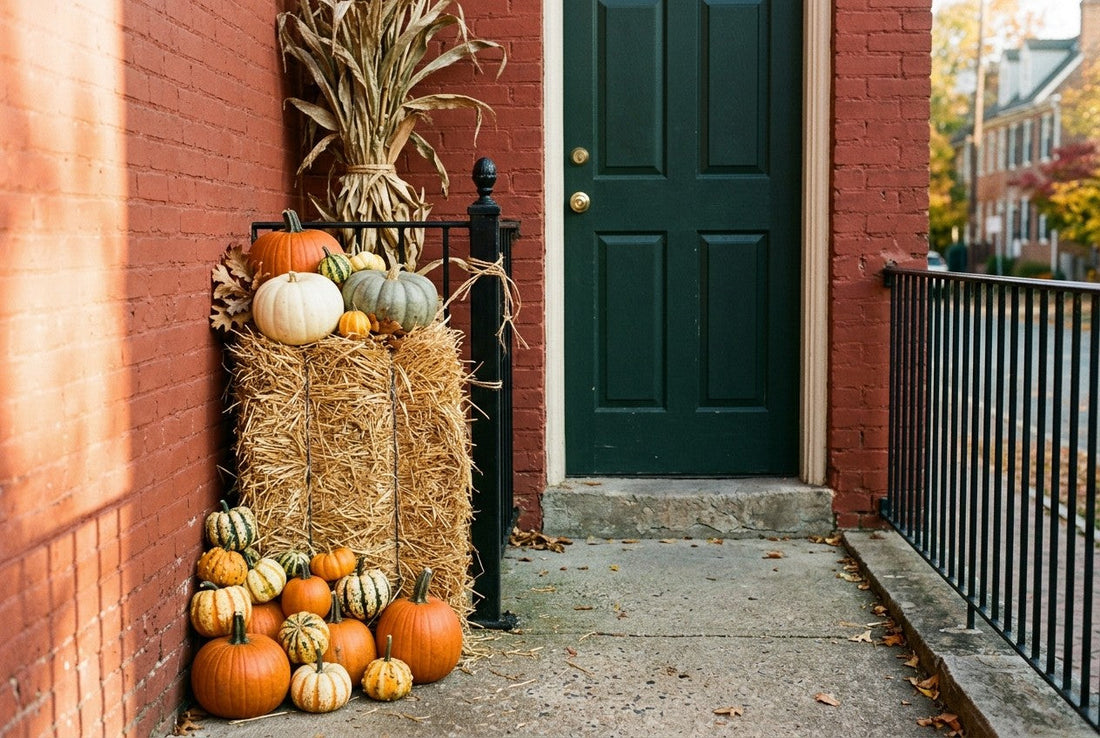 A narrow townhome entry with a compact vertical fall display beside the door