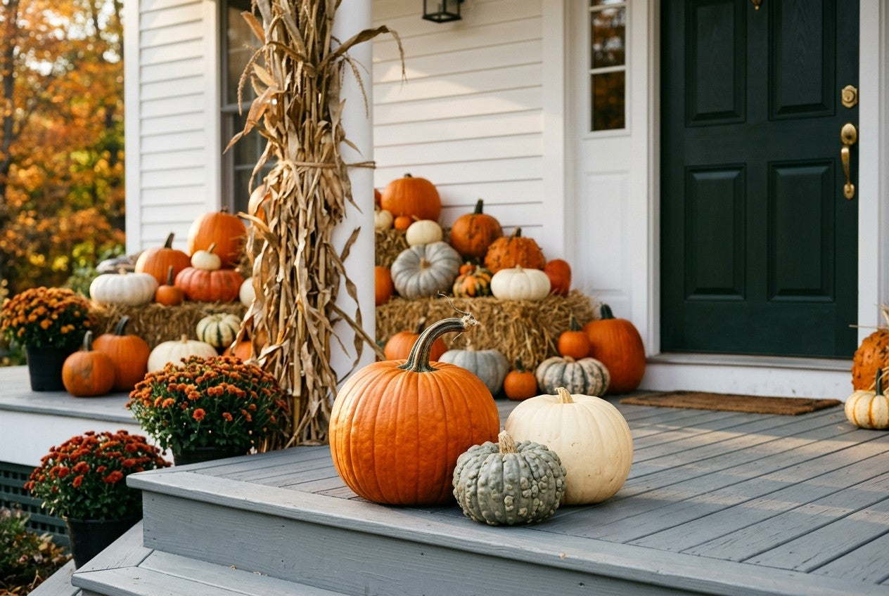 Three pumpkins of different sizes grouped together on a porch step