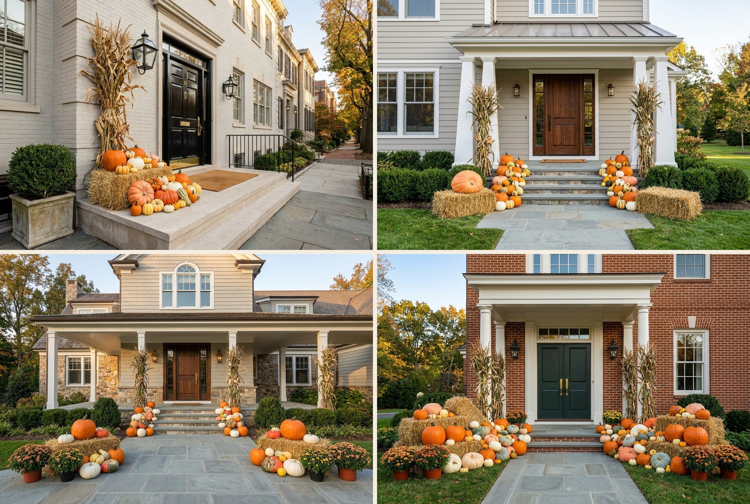 Four fall porch displays photographed from the same distance — a narrow townhome stoop, a standard front porch, a wide covered entry, and a double-door estate entry — showing how much the material scales up.