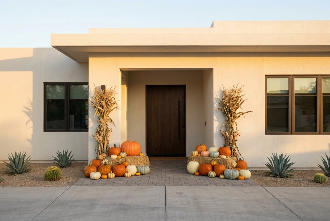 A fall porch display on a desert-modern Phoenix entry in late afternoon light, arranged inside the shaded recess while the stucco wall beside it glows in direct sun.