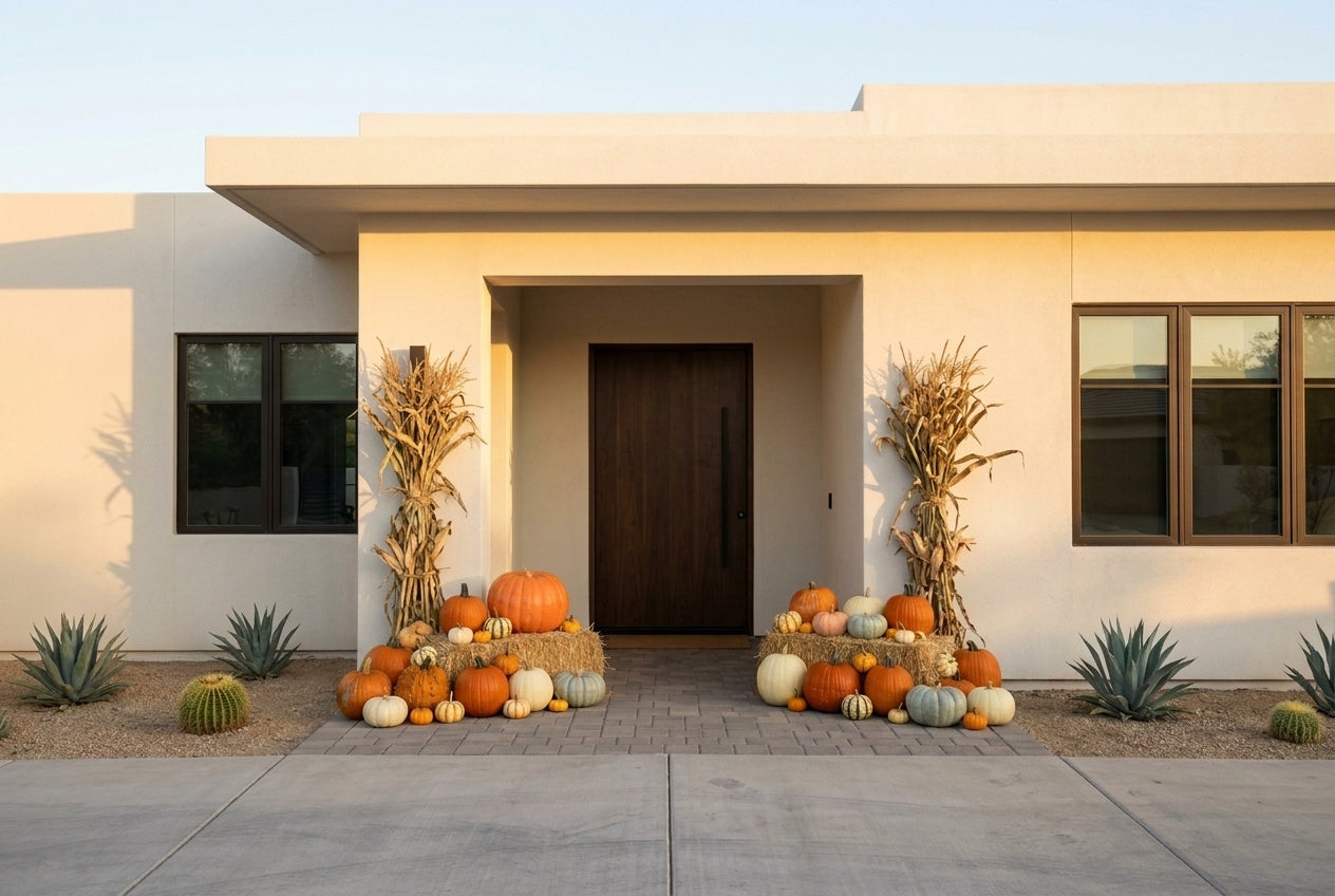 A fall porch display on a desert-modern Phoenix entry in late afternoon light, arranged inside the shaded recess while the stucco wall beside it glows in direct sun.
