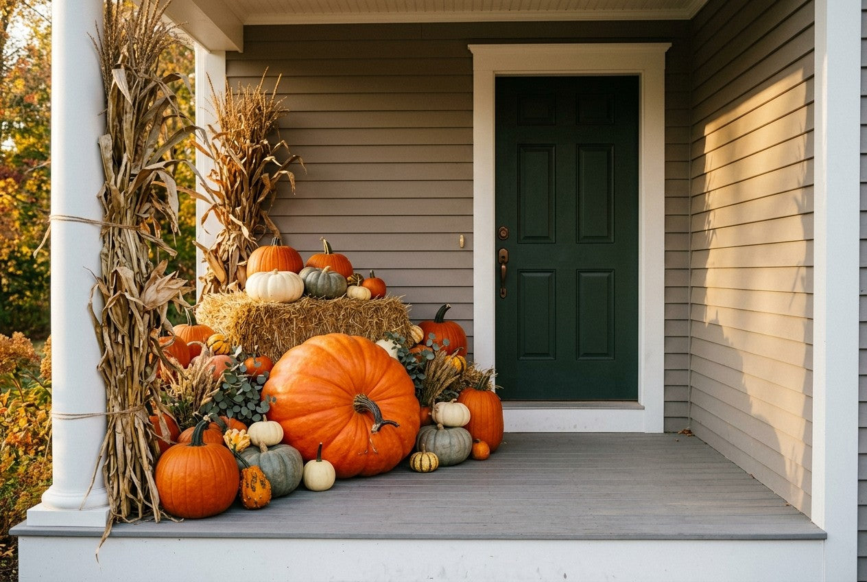A large statement pumpkin anchoring the center of a fall porch display