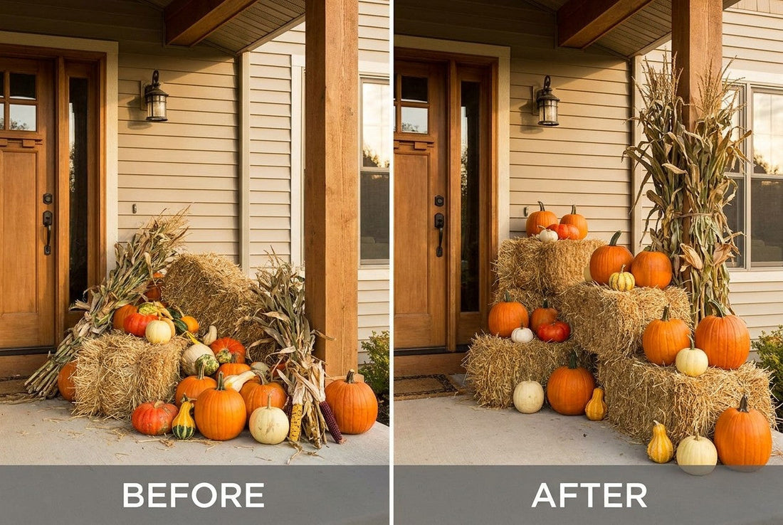 The same porch shown twice: materials as delivered, then professionally arranged.