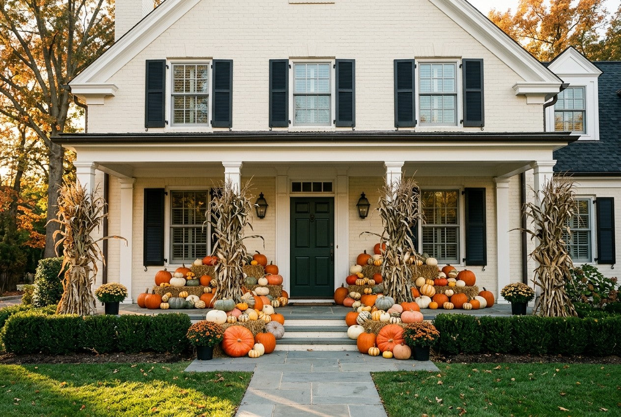 A fall display sized correctly against a two-story facade