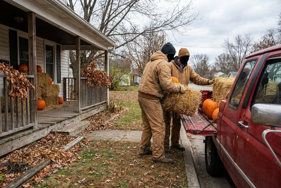 A crew loading straw bales and pumpkins from a porch into a truck in early November