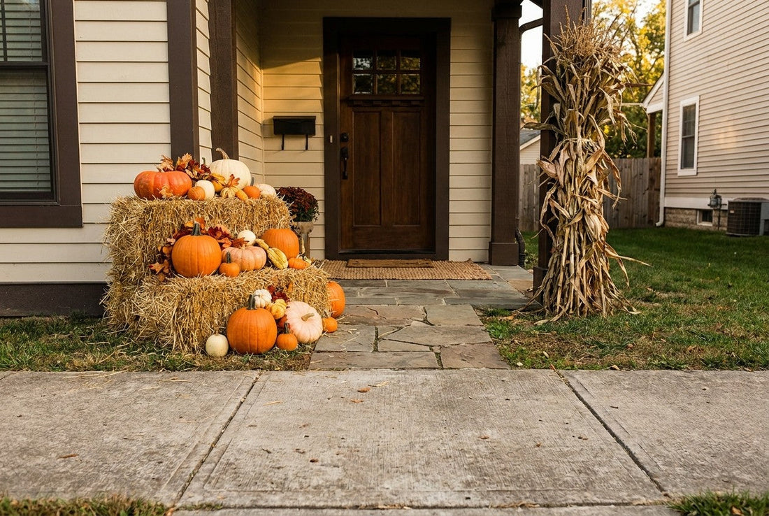 A finished small fall porch display seen from the sidewalk, straw bale and pumpkin grouping on one side and a corn stalk bundle on the other