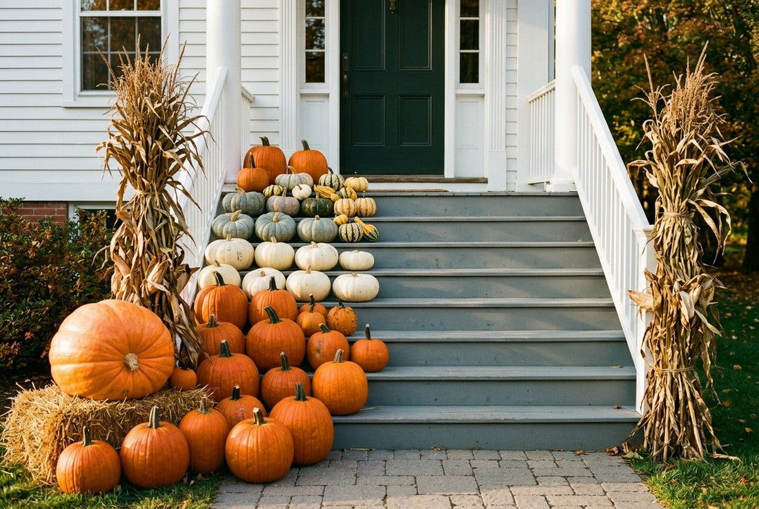 A fall display climbing a set of front steps from largest at the bottom to smallest at the top