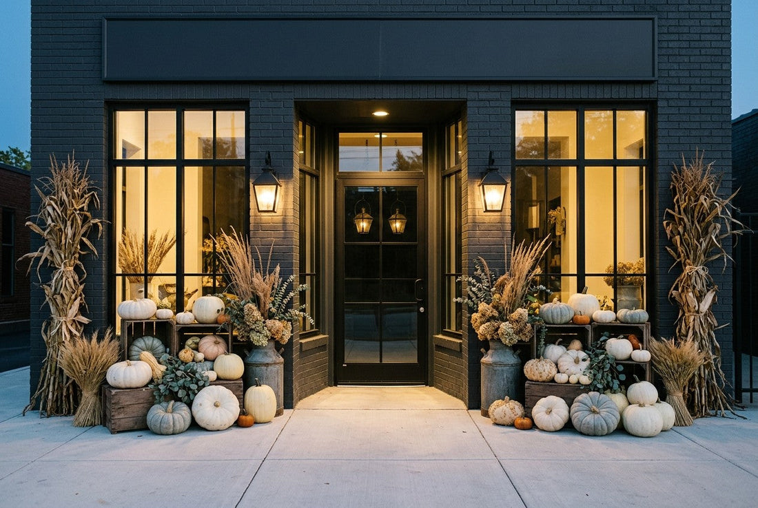 A retail storefront entry styled with a restrained fall display beside the door