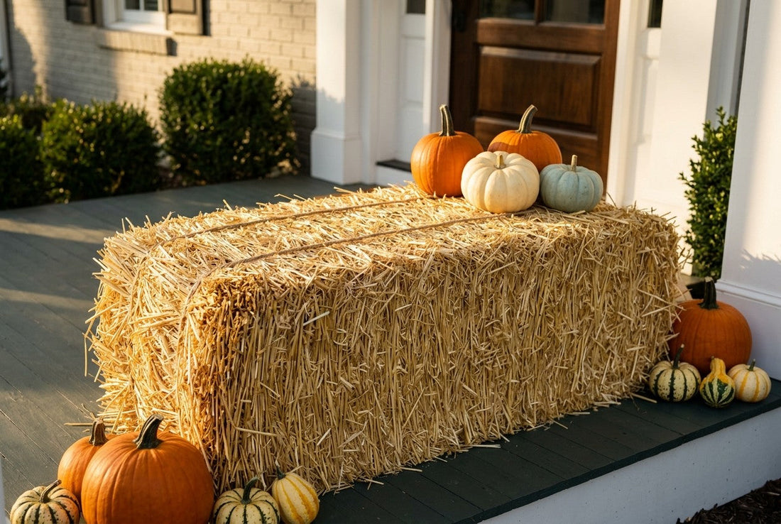A golden straw bale set on a front porch as the base of a fall display