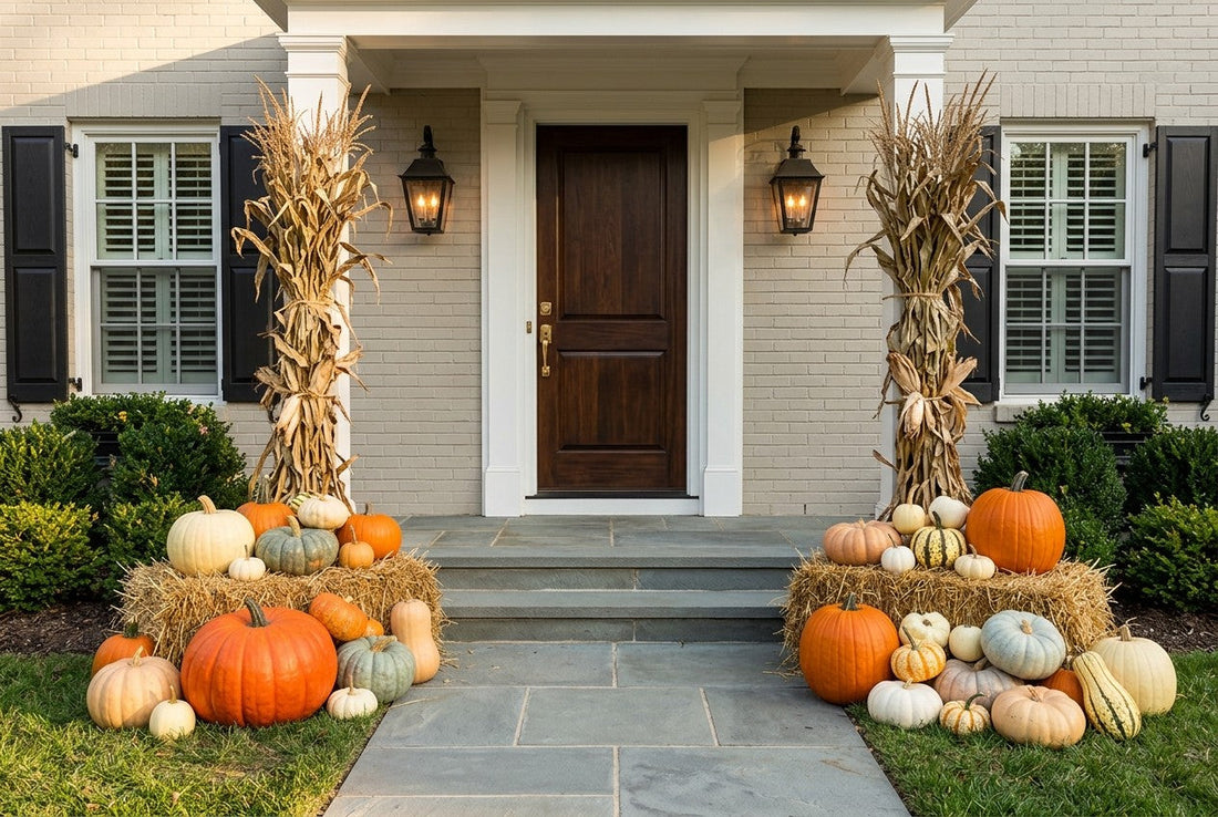 A symmetrical fall porch display flanking a centered front door