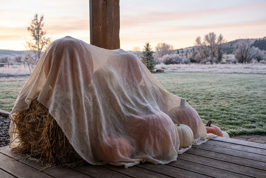 A frost blanket draped over a straw bale and pumpkin grouping at dawn with frost on the lawn beyond