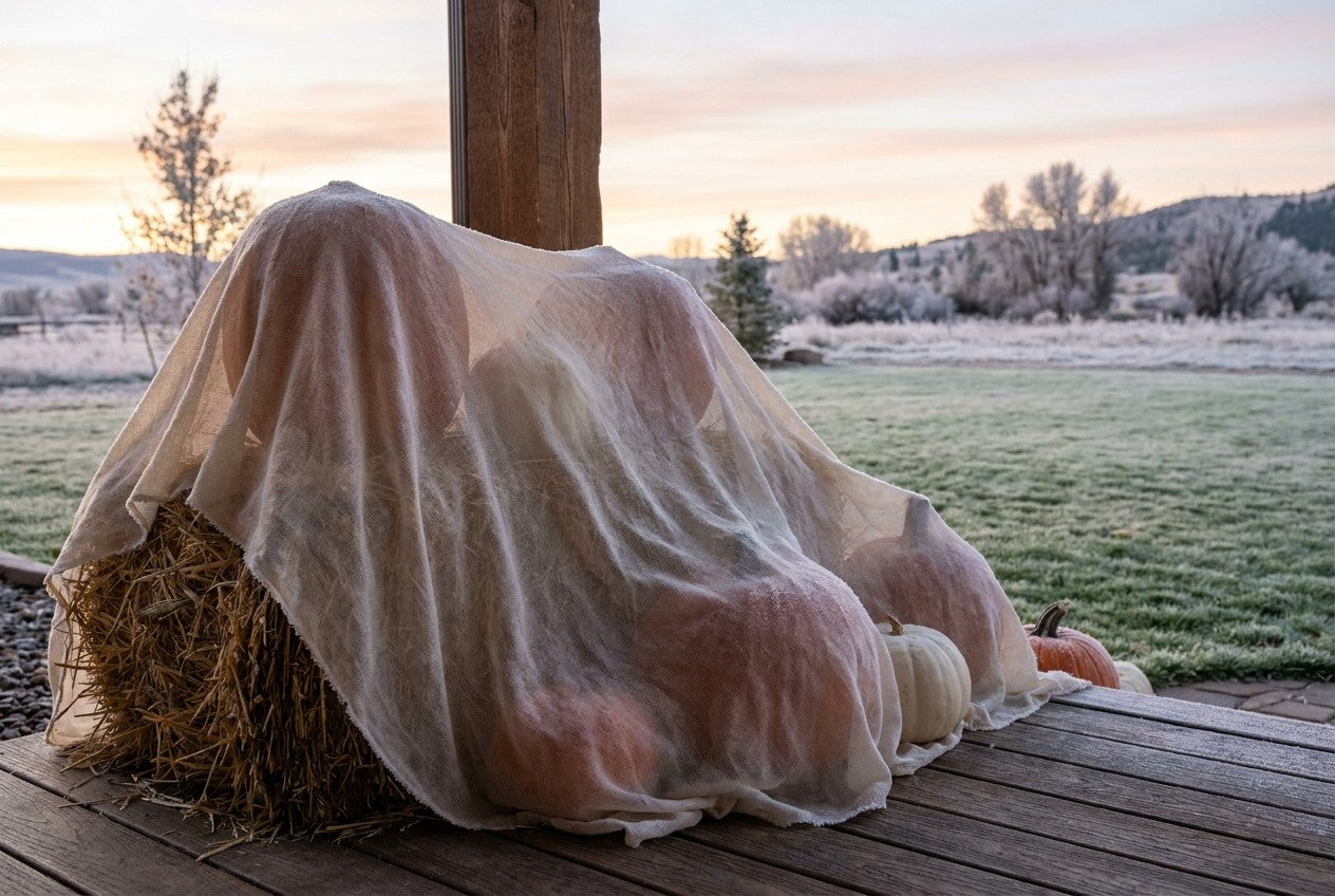 A frost blanket draped over a straw bale and pumpkin grouping at dawn with frost on the lawn beyond
