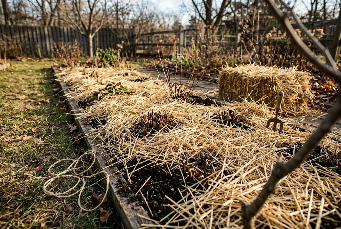 Straw spread as winter mulch over a garden bed