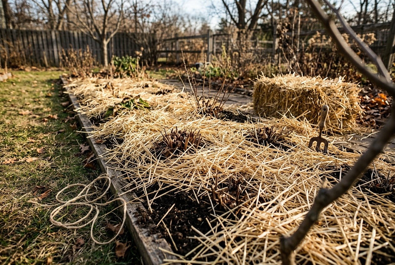 Straw spread as winter mulch over a garden bed