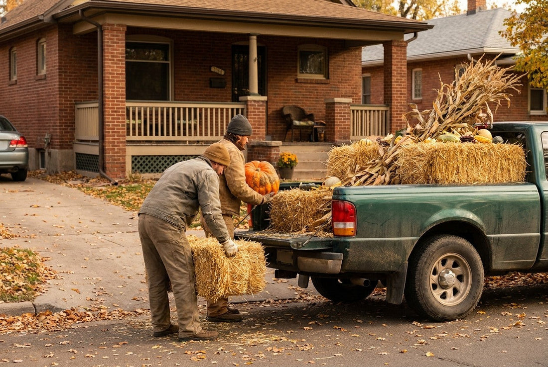 A crew unloading straw bales and pumpkins from a truck at a residential entry