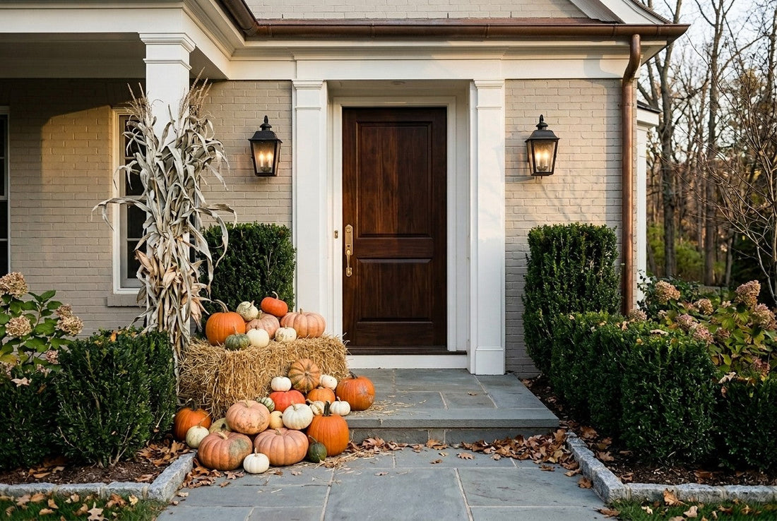 A fall porch display in late October with pumpkins showing early seasonal wear