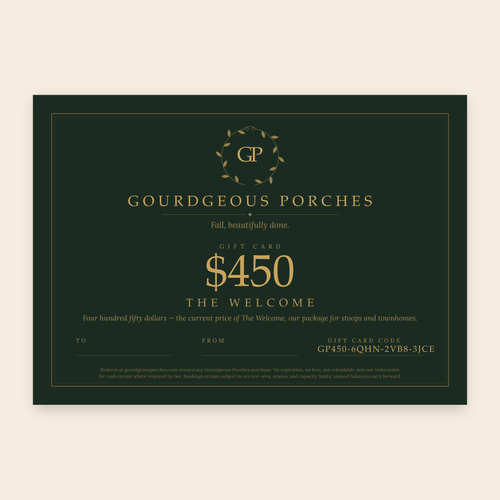Gourdgeous Porches gift card — a fall porch styling gift card in espresso and cream with the GP vine-wreath monogram