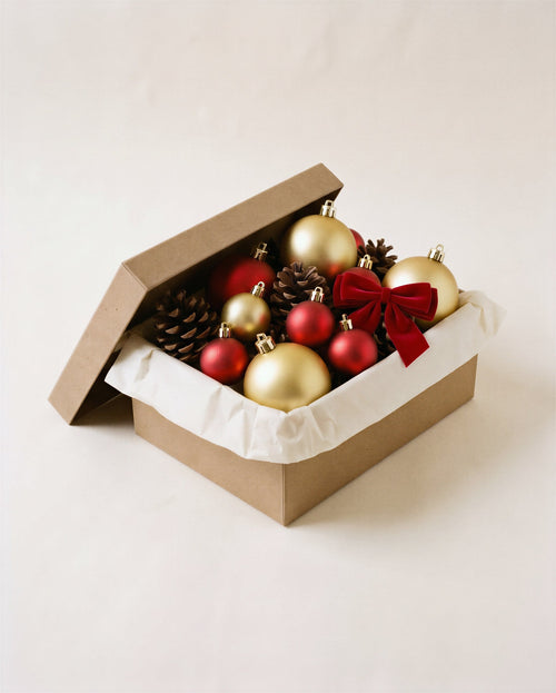 Classic Christmas decorations from Gourdgeous Porches, delivered as materials in a kraft box