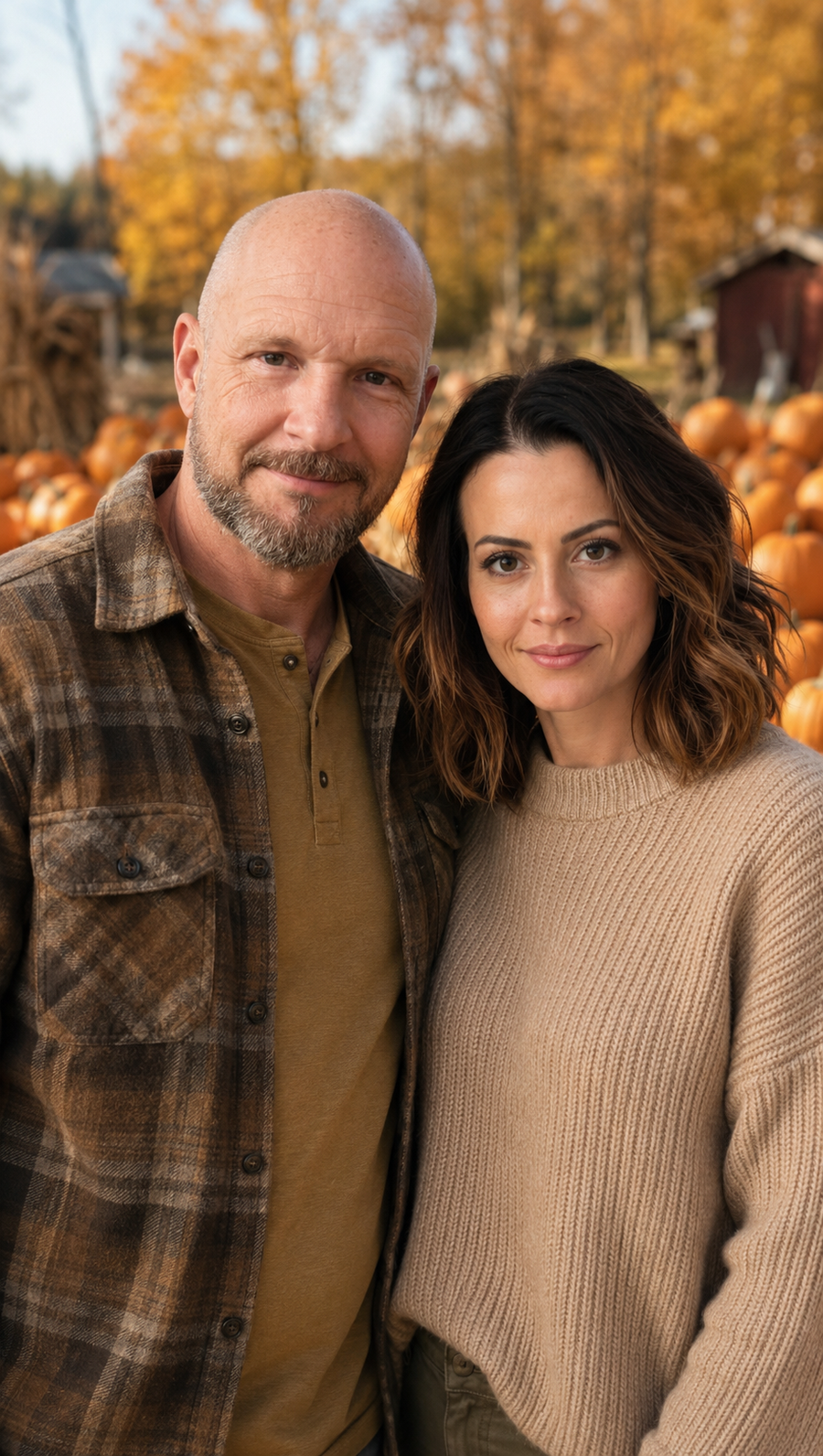 Jeff and Mollie standing in a pumpkin patch in fall
